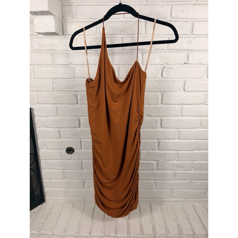 Bailey 44 Dress L Rust Orange Cowl Neck Ruched Bodycon Jersey Cocktail USA